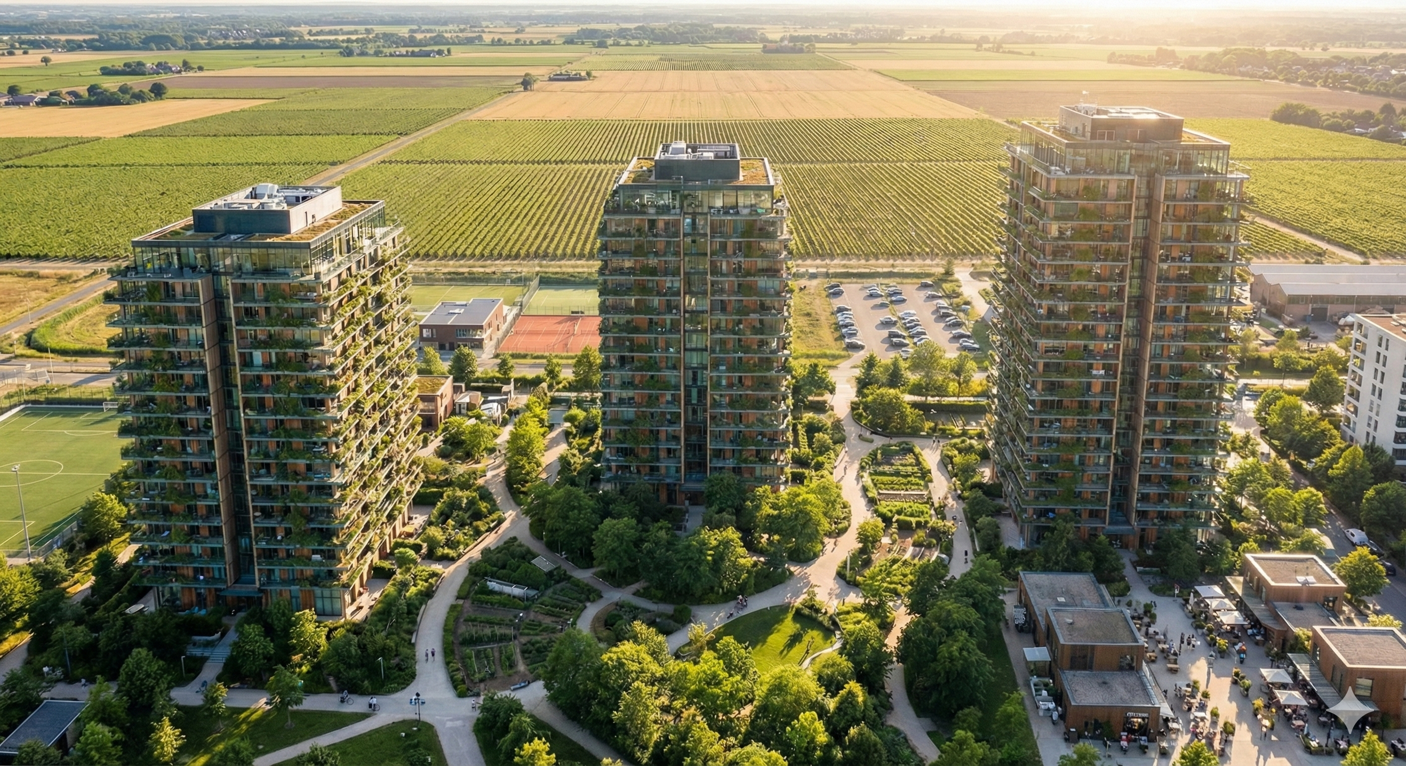 Rappresentazione di un Hub residenziale: torri abitative sostenibili con verde integrato, circondato da spazi pubblici e campagna